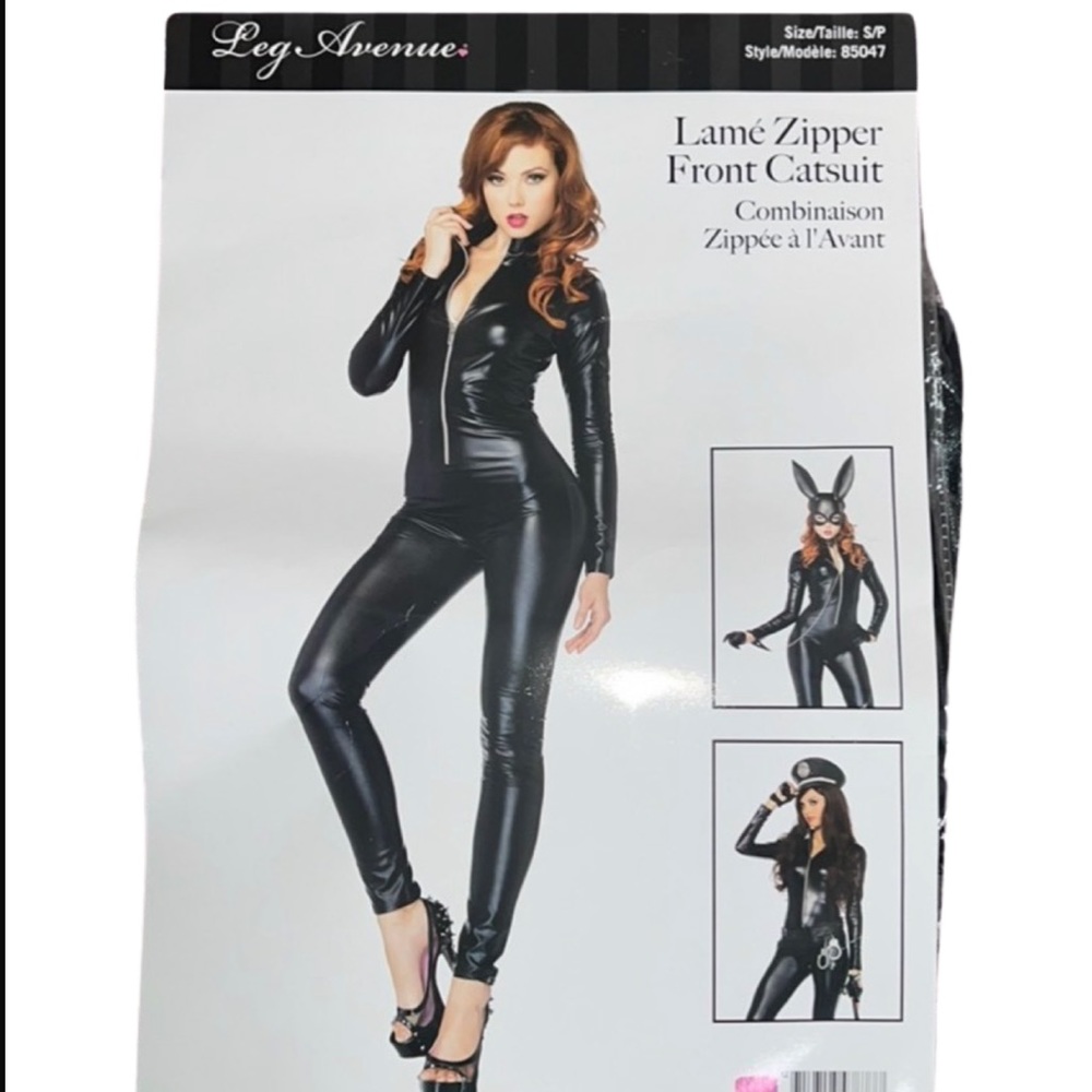 Leg Avenue Black Lamé Zipper Front Catsuit Jumpsuit